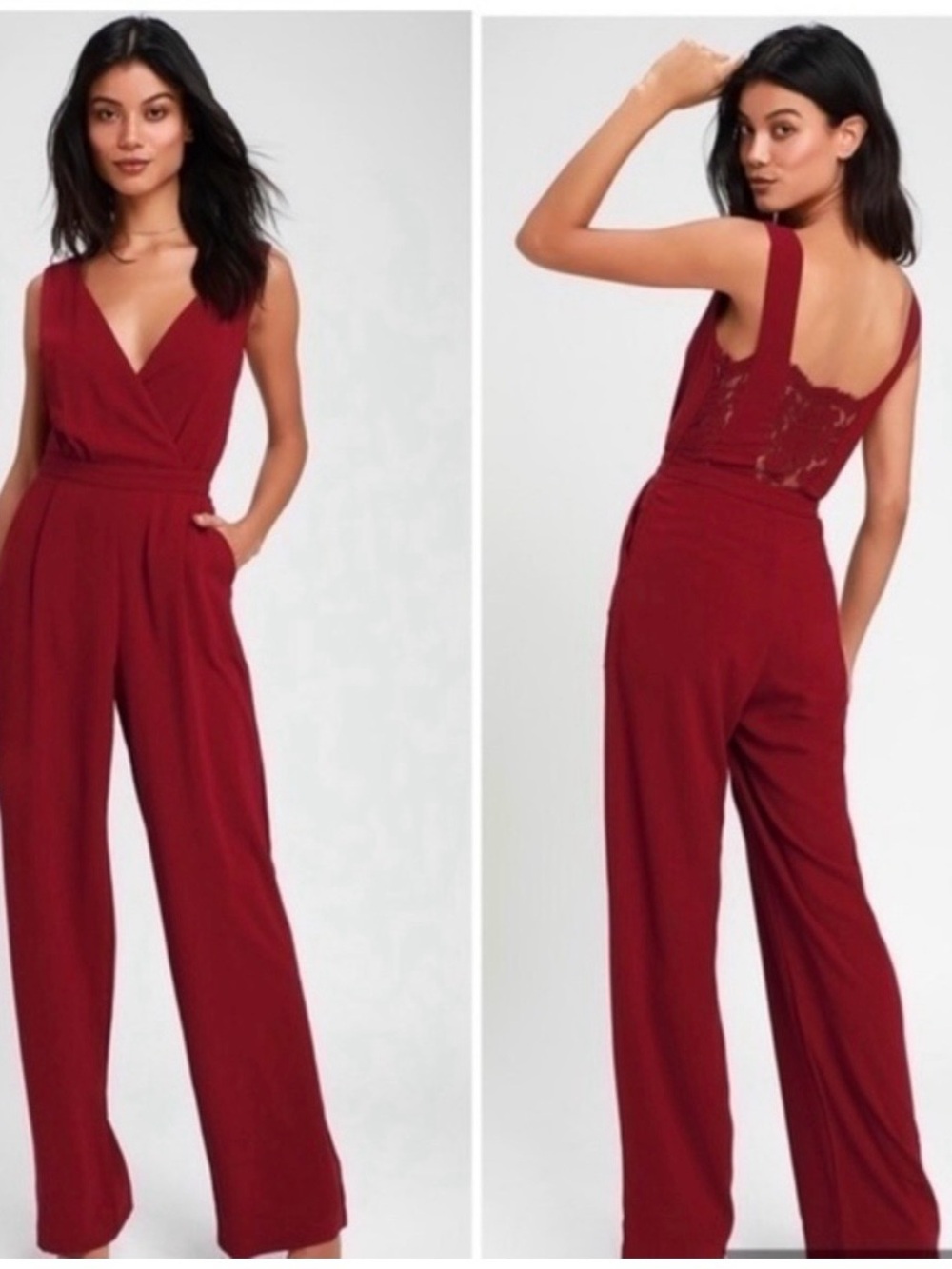Lulus burgundy wide leg lace back jumpsuit
